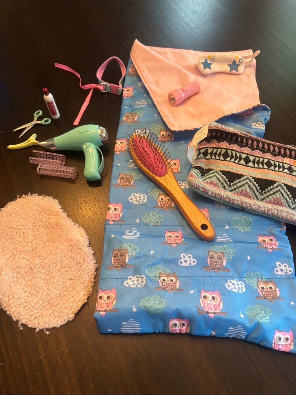 Kids Bath & Hair Care Set with Blue Owl Print and Pink Accents
